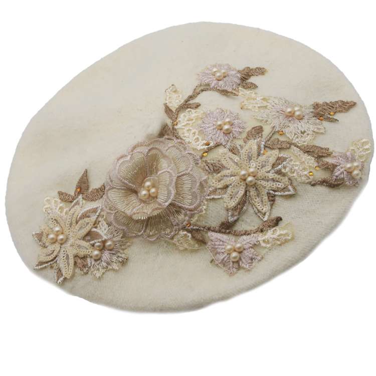 beret ivory flowers wool vintage rockabilly